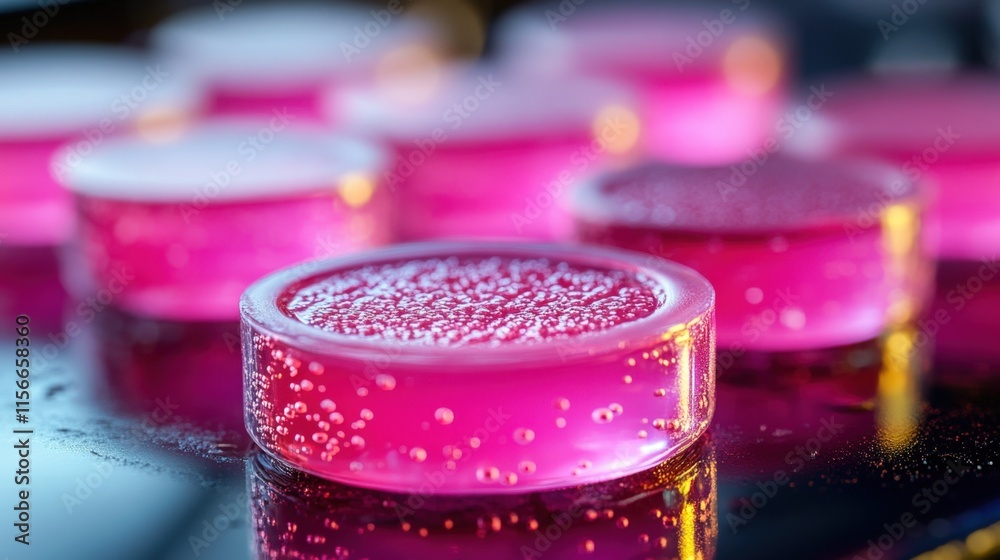 Close-up of pink, round, translucent objects with bubbles, on a reflective surface. Close-up of pink, round, translucent objects with bubbles, on a reflective surface.