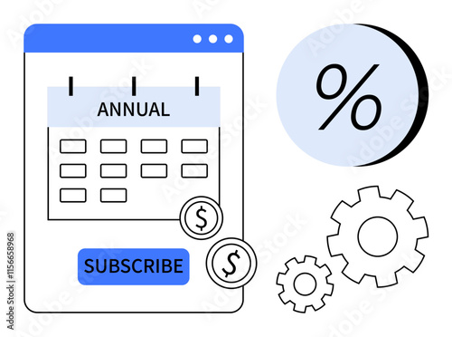 Calendar marked Annual, percentage symbol, dollar coins, and gears beside a Subscribe button. Ideal for subscription services, financial planning, budgeting, savings, renewal reminders, service