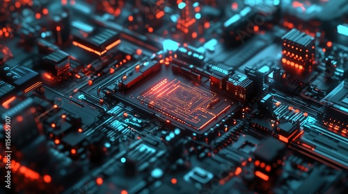 Abstract Circuit Board:  A Digital Dreamscape of Red and Blue Hues