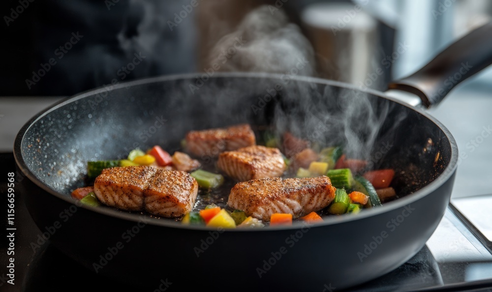 Cooking Fish Fillets with Vegetables in a Pan, potential usecase for food blogging, recipe illustration, or culinary education Cooking Fish Fillets with Vegetables in a Pan, potential usecase for food blogging, recipe illustration, or culinary education