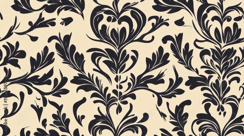 Elegant Black and Beige Damask Floral Seamless Pattern