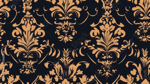 Elegant Damask Pattern, Golden Floral Design on Black Background, Seamless Textile Print