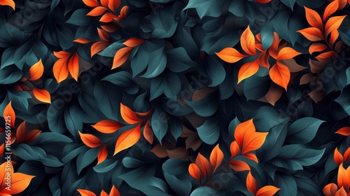 Lush Teal and Orange Leaves Seamless Pattern - Dark Botanical Textile Design