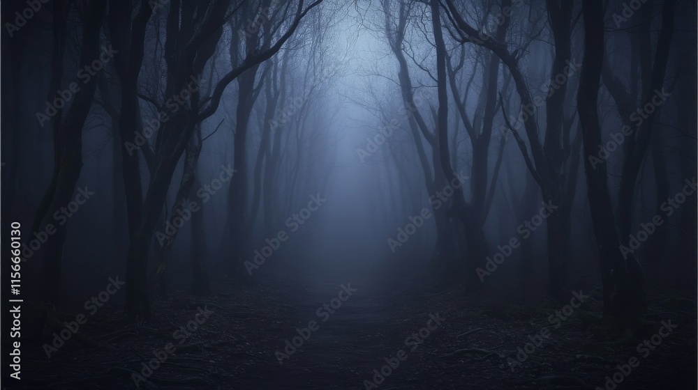 Eerie foggy forest scene with tall bare trees Eerie foggy forest scene with tall bare trees