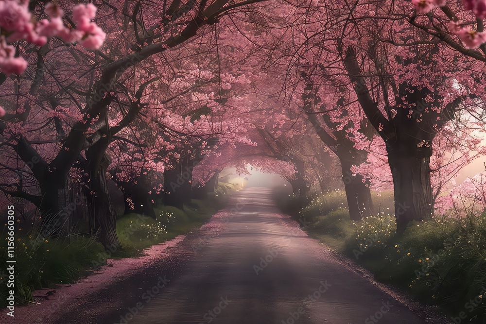 Naklejka premium A tranquil pagoda surrounded by cherry blossom trees
