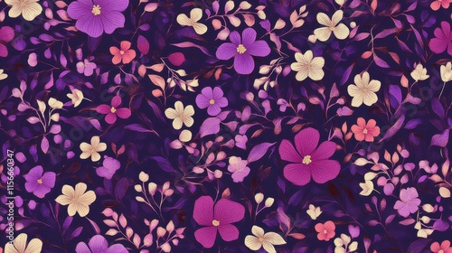 Purple Floral Seamless Pattern, Dark Background, Intricate Design