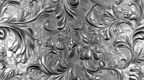 Silver Floral Damask Pattern, Ornate Baroque Texture Background