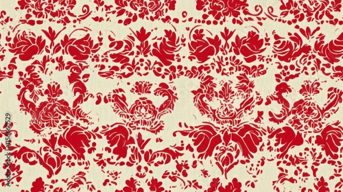 Red Damask Floral Pattern Textile Design - Vintage Style