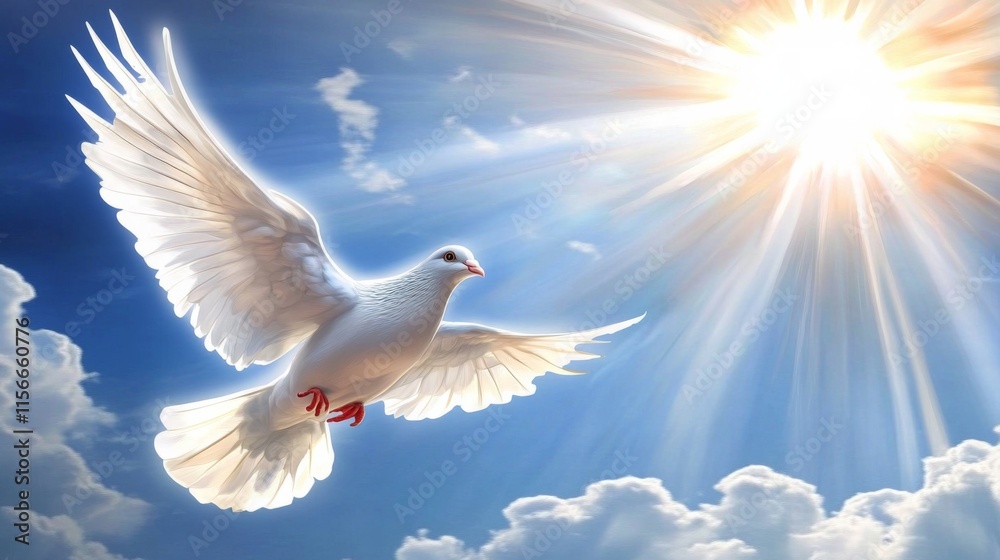Peaceful White Dove Flying in Sunny Sky - Holy spirit bird flies Peaceful White Dove Flying in Sunny Sky - Holy spirit bird flies
