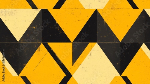 Abstract Geometric Triangle Pattern, Yellow Black Beige, Distressed Texture