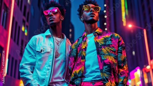 Two stylish individuals pose confidently in a vibrant urban setting, adorned in colorful attire and sunglasses, illuminated by neon lights.