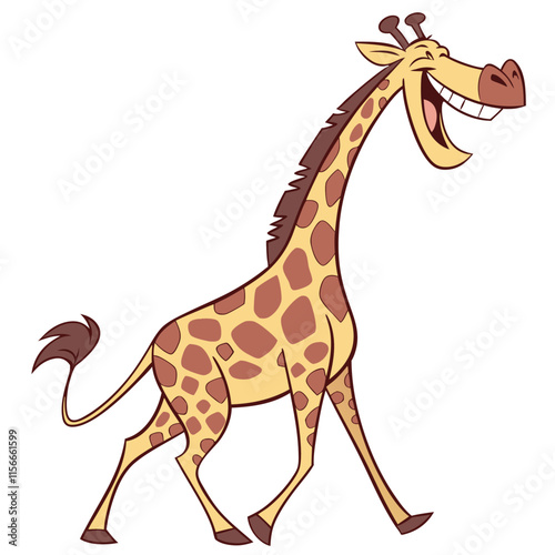 A jubilant giraffe bending its long neck with a big grin