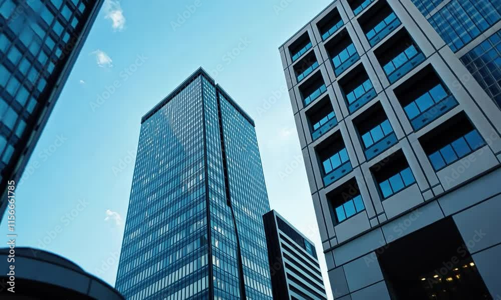 Towering Skyscrapers Against Clear Blue Sky: Modern Architecture in Urban Landscape, Perfect for Office Spaces and Corporate Settings Towering Skyscrapers Against Clear Blue Sky: Modern Architecture in Urban Landscape, Perfect for Office Spaces and Corporate Settings