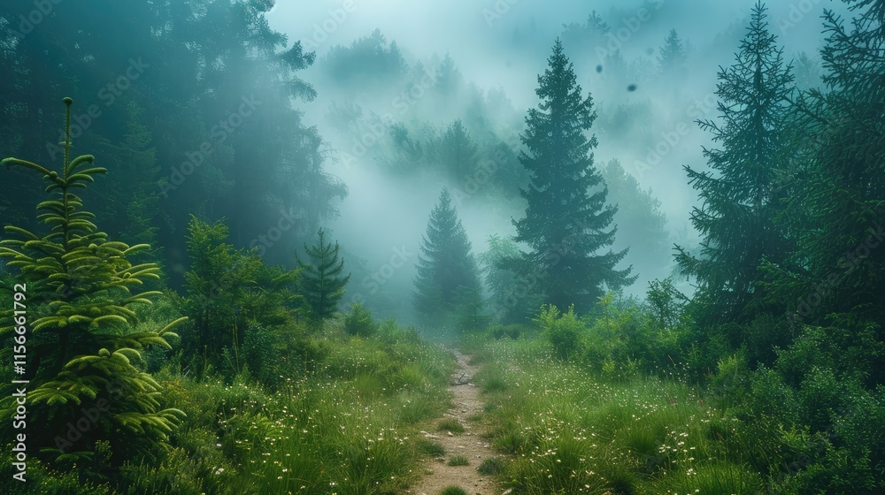 Fototapeta premium A serene forest path shrouded in mist, inviting exploration and tranquility.