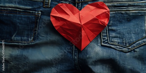 Valentine s Day concept featuring a creative arrangement of a paper heart alongside jeans, highlighting the unique blend of Valentine s Day elements with casual style in an artistic manner. photo