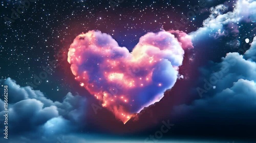 Glowing heart-shaped cloud illuminated by stars in a dreamlike nighttime sky