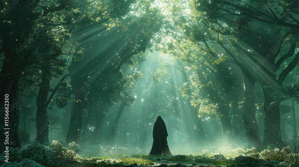 A mysterious figure stands in a lush forest, illuminated by soft, ethereal light. A mysterious figure stands in a lush forest, illuminated by soft, ethereal light.