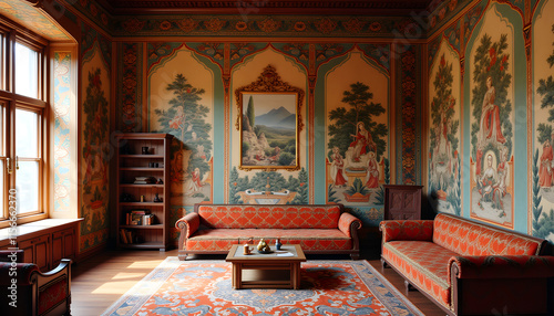  Khokhloma wall painting: Interior of a room with Khokhloma style wall painting, including elements of furniture and decor.
