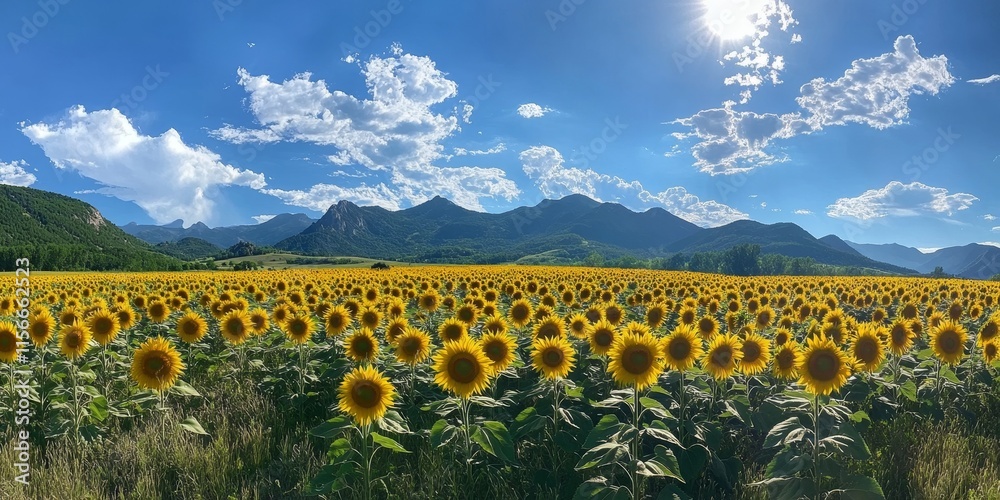 Fototapeta premium Field of sunflowers with mountains in the background under a stunning blue sky, creating a picturesque scene showcasing the vibrant colors of the sunflower field and the beauty of nature.