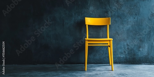 Close up view of a half yellow wooden chair standing alone in a dark setting, with a cement wall as the backdrop, highlighting the vibrant color of the yellow wooden chair against subdued tones. photo