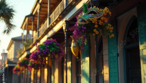 Mardi gras celebration. Close-up of a traditional New Orleans building adorned with Mardi Gras decorations, bathed in warm evening light.