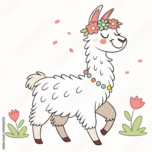 A smiling llama with fluffy fur and a flower crown