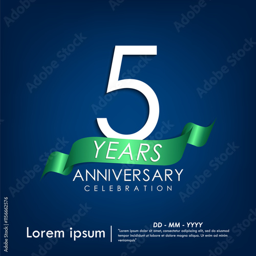 5th years anniversary celebration emblem. anniversary elegance white logo with green ribbon on blue background, vector illustration template design for web, flyers, greeting and invitation card photo