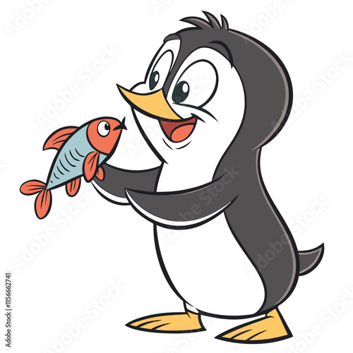 A smiling penguin holding a small fish in its beak Illustrator Artwork