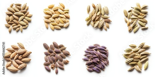 Collection of dried fennel seeds, arranged and isolated on a clean white background, showcasing the unique texture and natural appeal of fennel seeds for culinary uses. photo