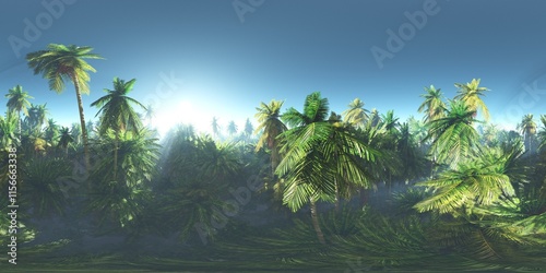 Fototapeta Naklejka Na Ścianę i Meble -  Jungle in the mountains in the morning, HDRI, environment map , Round panorama, spherical panorama, equidistant projection, panorama 360, 3d rendering