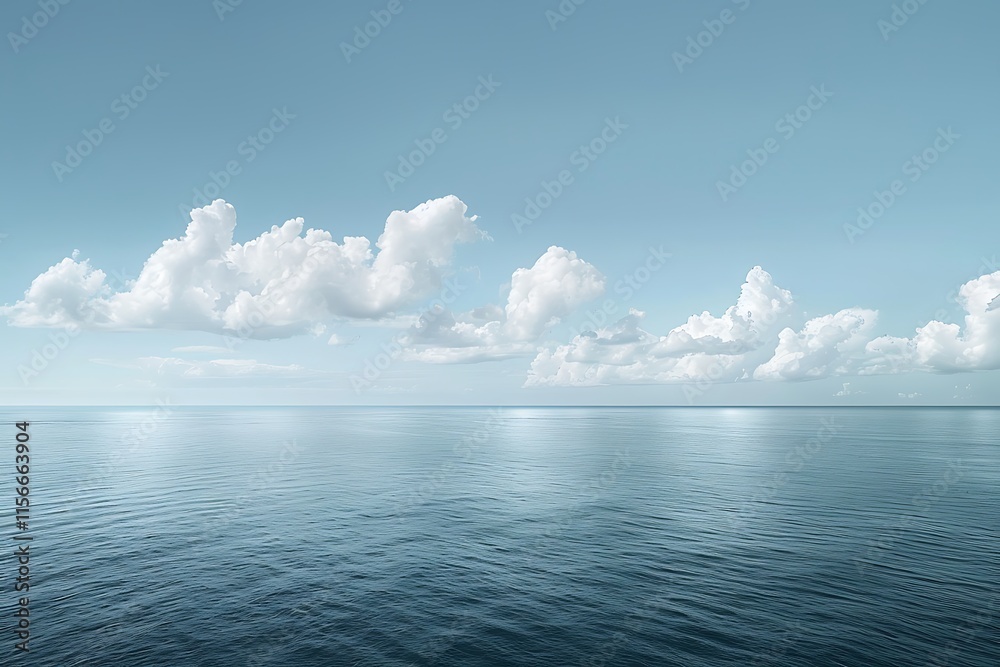 A tranquil seascape featuring a flat ocean under a pale blue sky dotted with fluffy white cumulus clouds. The horizon line is clear and distinct. A tranquil seascape featuring a flat ocean under a pale blue sky dotted with fluffy white cumulus clouds. The horizon line is clear and distinct.