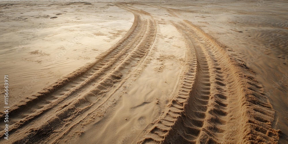 Tire marks on sandy terrain showcase a car track impression, highlighting the interaction between a vehicle and the soft sand on a beach. The tire car track stands out uniquely against the landscape.