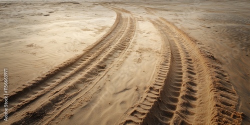 Obraz na płótnie Tire marks on sandy terrain showcase a car track impression, highlighting the interaction between a vehicle and the soft sand on a beach. The tire car track stands out uniquely against the landscape. w salonie