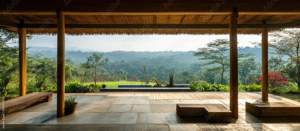 Fototapeta premium Minimalist interior design with scenic nature views showcasing tranquility and harmony in a serene outdoor environment