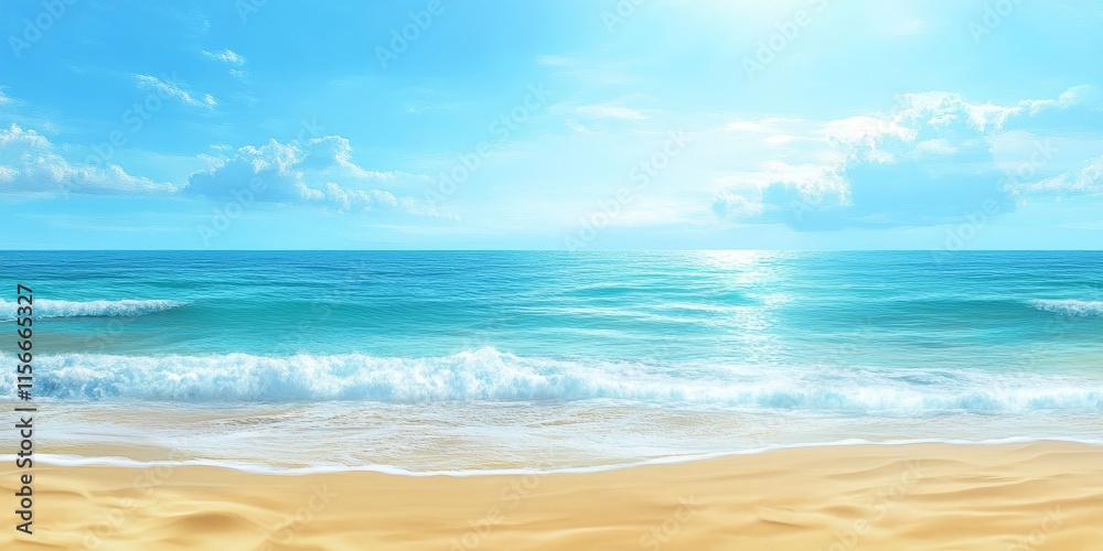 Summer holiday backdrop featuring serene beach, golden sand, clear blue sky, and tranquil sea, creating a perfect setting for relaxation and enjoyment during summer holiday adventures.
