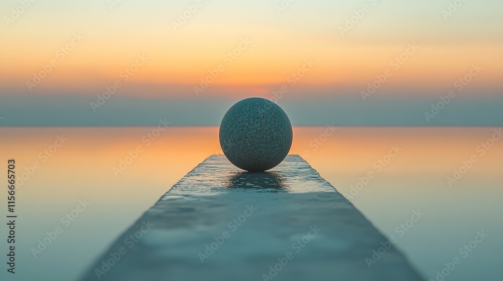 Sunset Serenity: Stone Sphere on Calm Water Sunset Serenity: Stone Sphere on Calm Water