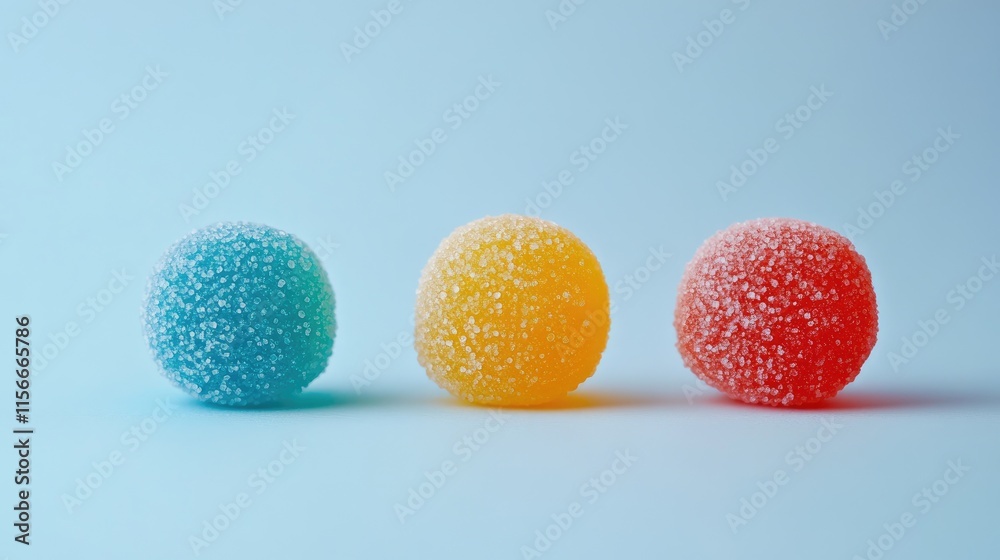 Fototapeta premium Colorful sugar-coated candies arranged in a row on a light blue background showcasing vibrant colors and textures for sweet treat imagery.
