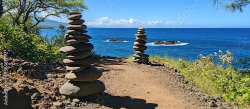 Tranquil ocean view with three stacked pebbles on the trail highlighting natural beauty and serenity near blue waters and lush greenery.
