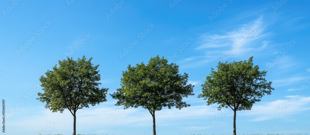 three lush green trees standing under a clear blue sky on a sunny afternoon showcasing serenity and natural beauty three lush green trees standing under a clear blue sky on a sunny afternoon showcasing serenity and natural beauty
