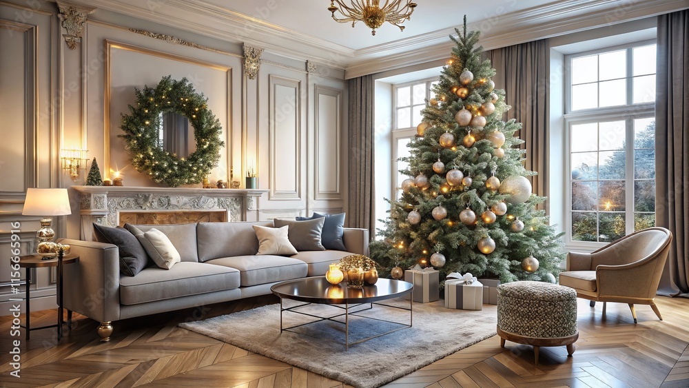 A neutral-toned, elegant Christmas living room, showcasing a deep focus. A neutral-toned, elegant Christmas living room, showcasing a deep focus.
