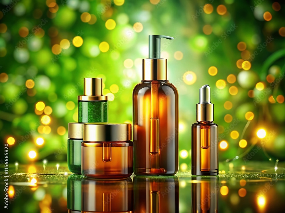 Animated amber glass skincare bottles, 4K bokeh. Animated amber glass skincare bottles, 4K bokeh.