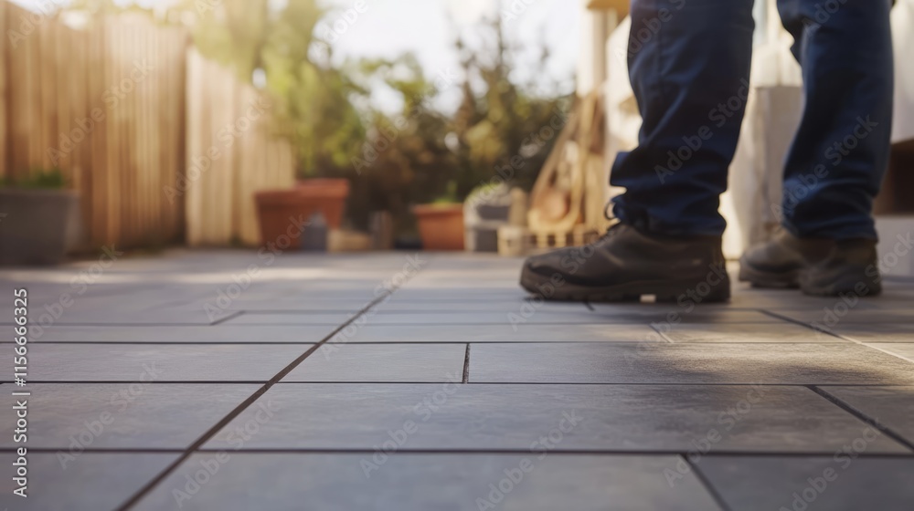 Outdoor Tiling Installation A Builder Lays Veranda Tiles with Focus on the Ground in a Sunlit Garden Setting Outdoor Tiling Installation A Builder Lays Veranda Tiles with Focus on the Ground in a Sunlit Garden Setting