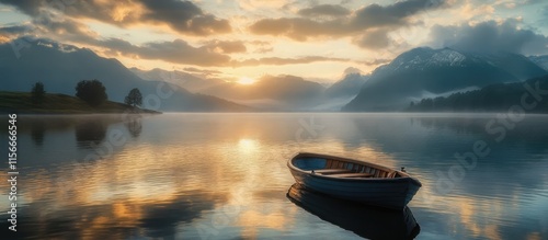 Serene sunset over a tranquil lake with a small fishing boat reflecting the majestic mountain landscape.