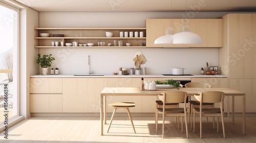 A Scandinavian style kitchen featuring light wood tones a minimalist decor and an efficient well organized layout that promotes a clean harmonious living space