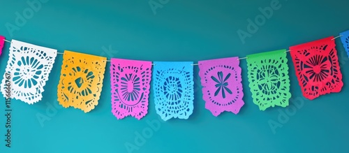 Colorful papel picado tissue paper banners for festive decoration on vibrant background celebrating cultural traditions and celebrations. photo