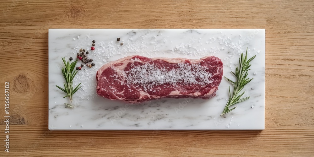 Raw uncooked marble beef steak ribeye is displayed with coarse salt and rosemary on a white palette atop a wooden table. This marble beef steak ribeye highlights its rich texture and flavor. Raw uncooked marble beef steak ribeye is displayed with coarse salt and rosemary on a white palette atop a wooden table. This marble beef steak ribeye highlights its rich texture and flavor.
