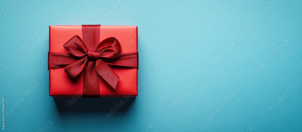 Gift box with red ribbon on blue background top view perfect for celebratory themes and holiday promotions Gift box with red ribbon on blue background top view perfect for celebratory themes and holiday promotions