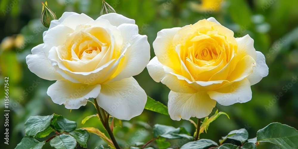Two stunning white and yellow rose flowers bloom beautifully in a vibrant summer garden, showcasing the elegance and charm of these lovely rose flowers in full splendor. Two stunning white and yellow rose flowers bloom beautifully in a vibrant summer garden, showcasing the elegance and charm of these lovely rose flowers in full splendor.
