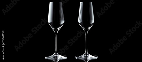 Elegant pair of empty champagne flutes against a black background perfect for celebration or event themes in advertising and marketing. photo