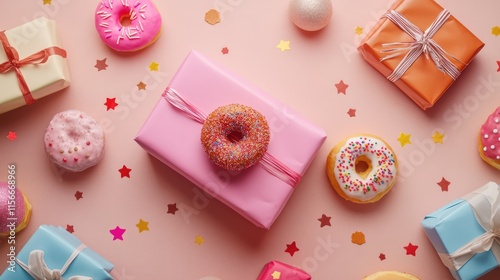 Holiday celebration theme with gifts festive donuts and a dreidel on a light background creating a joyful atmosphere for seasonal festivities photo